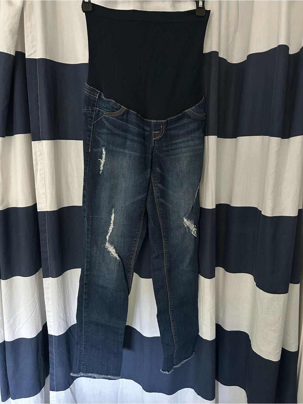 1822 Denim Dark Blue Distressed Maternity Skinny Jeans with Black Panel